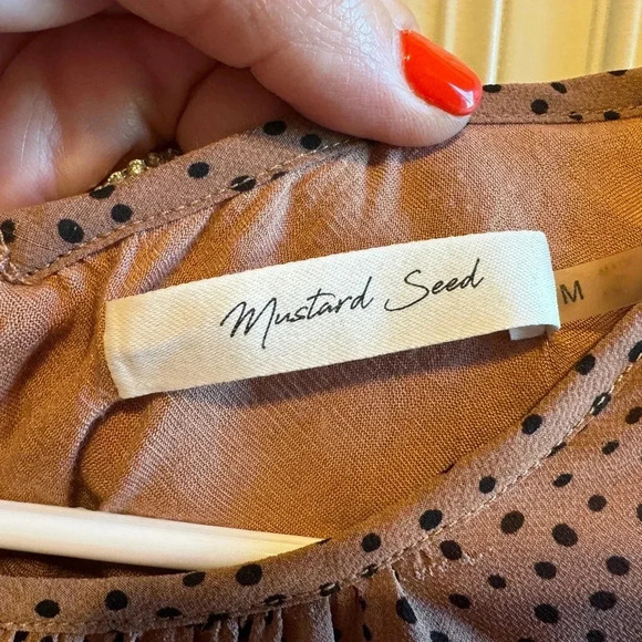 Mustard Seed High Neck Cinched Waist Tan Brown Polka Dot Ruffle Dress Sz M - Picture 2 of 10